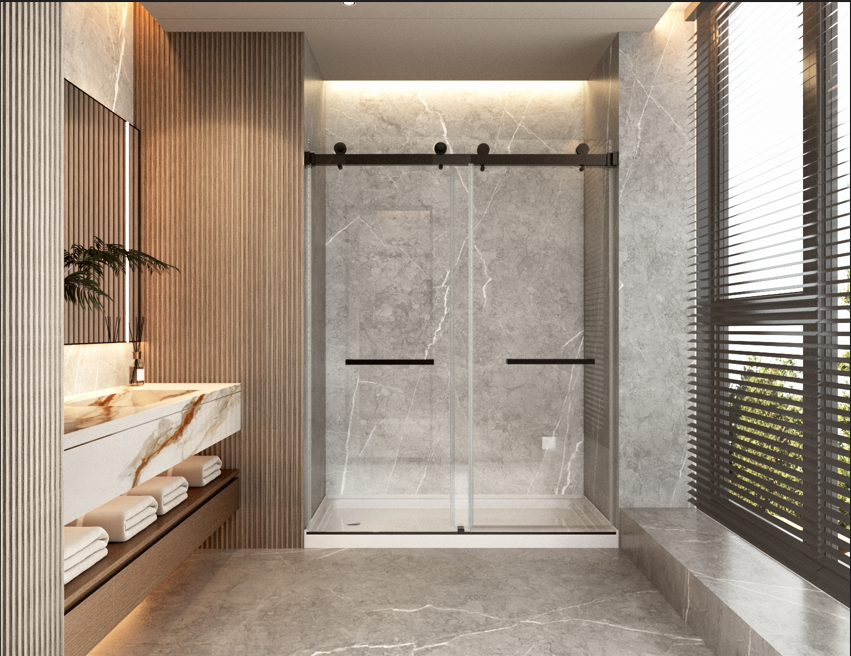 Frameless double sliding shower door