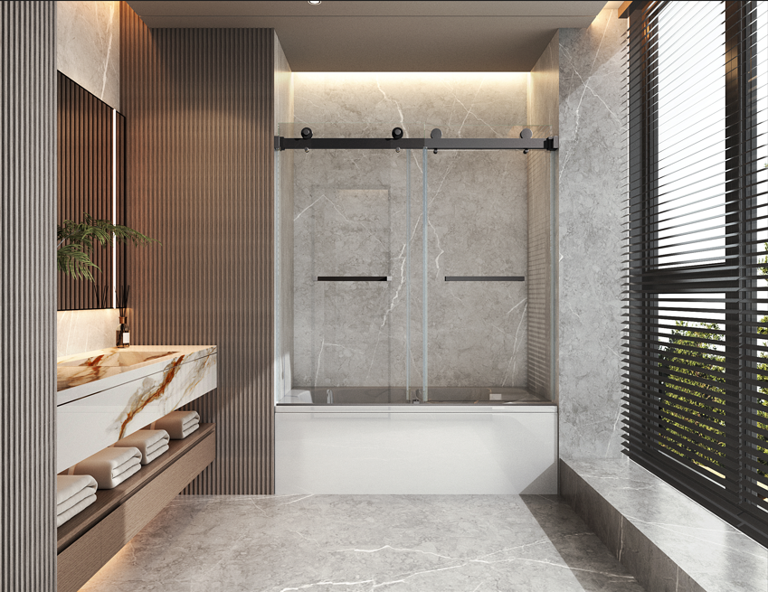 Frameless double sliding shower door for Bathtub