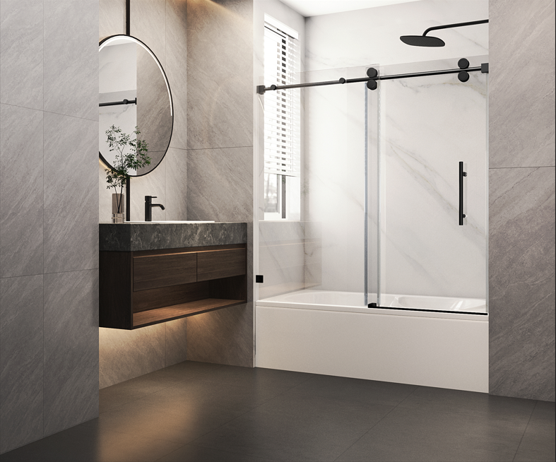 Frameless single sliding glass shower door for Bathtub